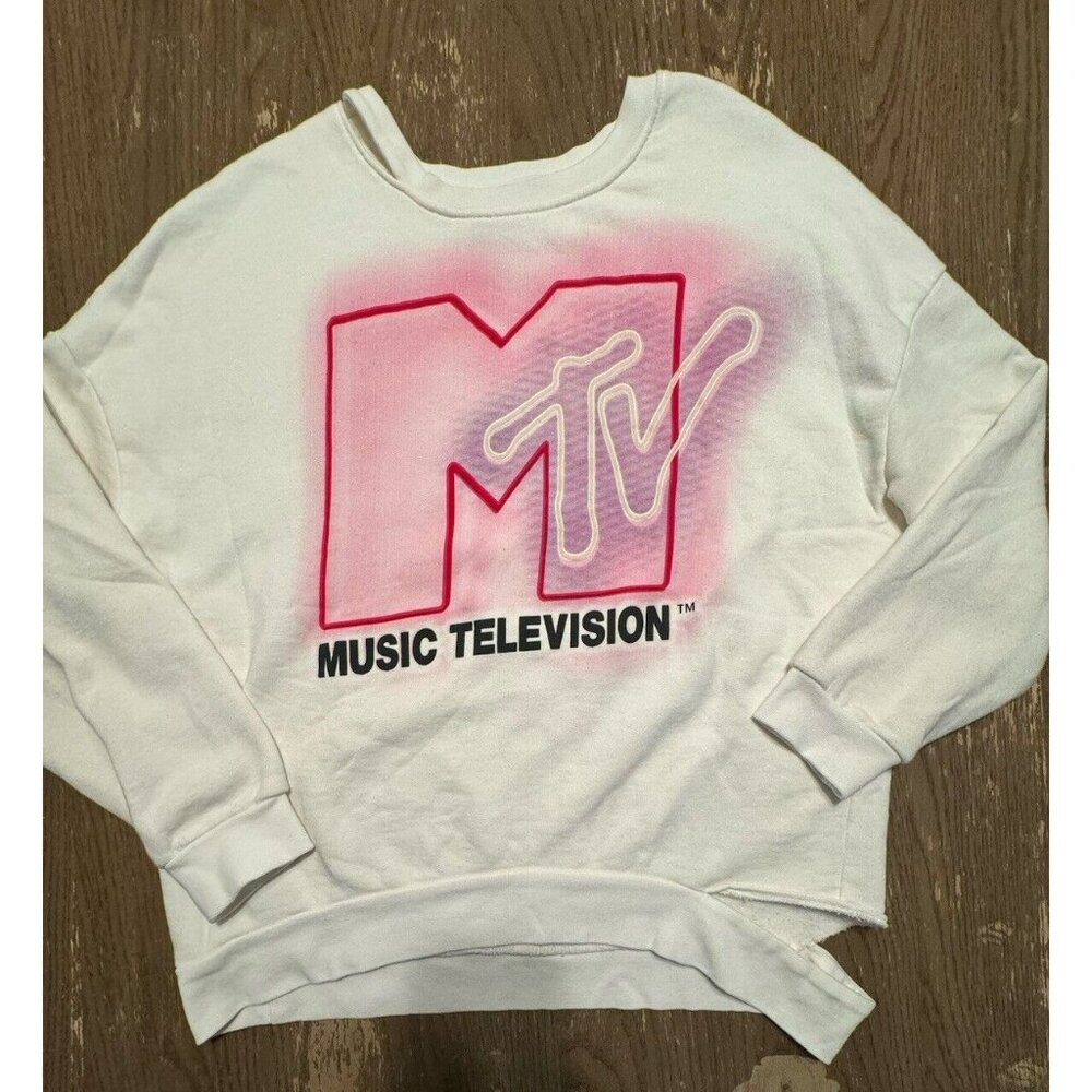 MTV Official Viacom White Embroidered Airbrush Music Television Sweatshirt Neck